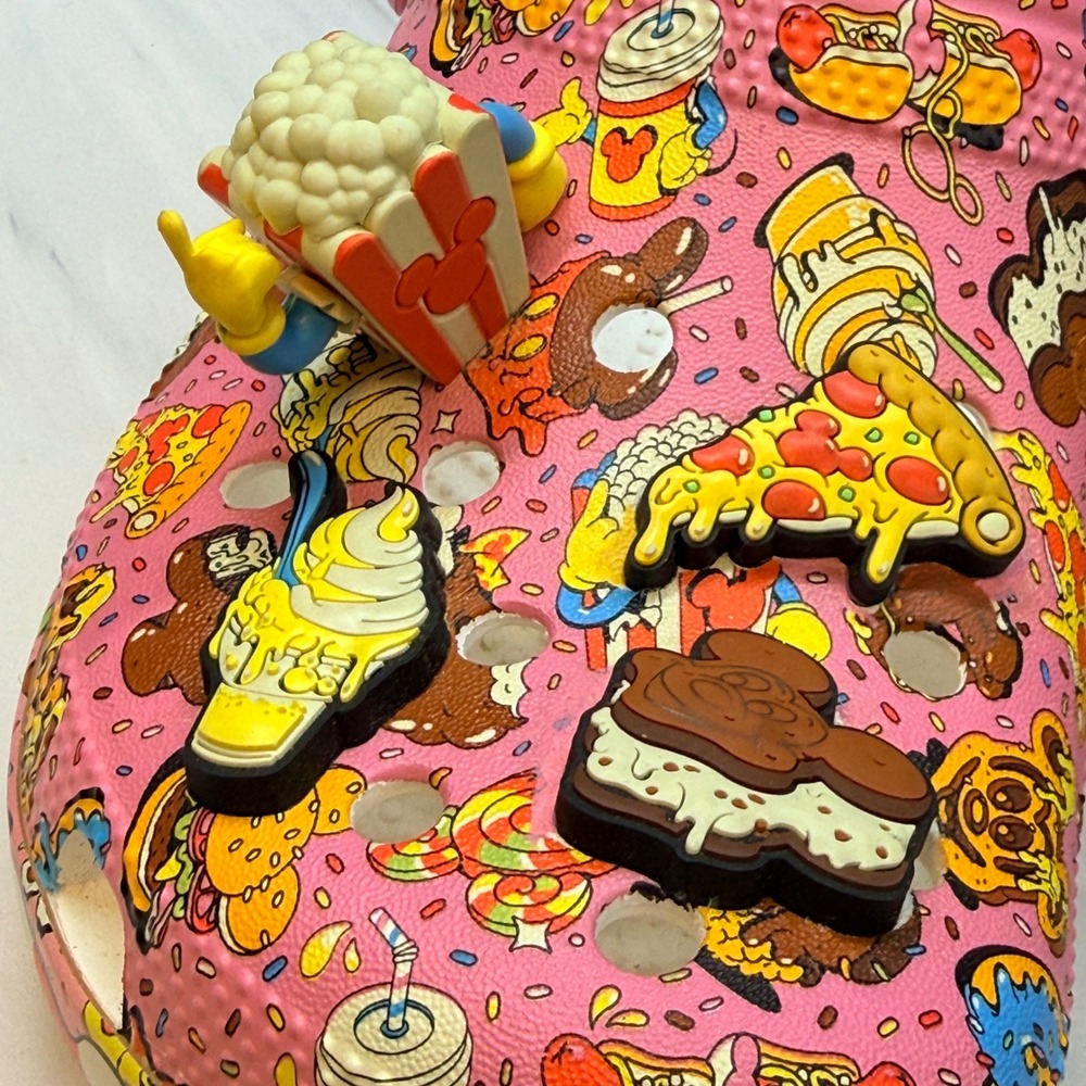 Disney Eats Crocs Pink Snack Print Clogs with Jibbitz Charms Mens 6 Womens 8 - Picture 8 of 10